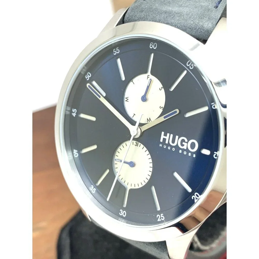 Hugo Boss Men's Watch 1530121 Quartz Blue Dial Silver Case Leather Band 41mm